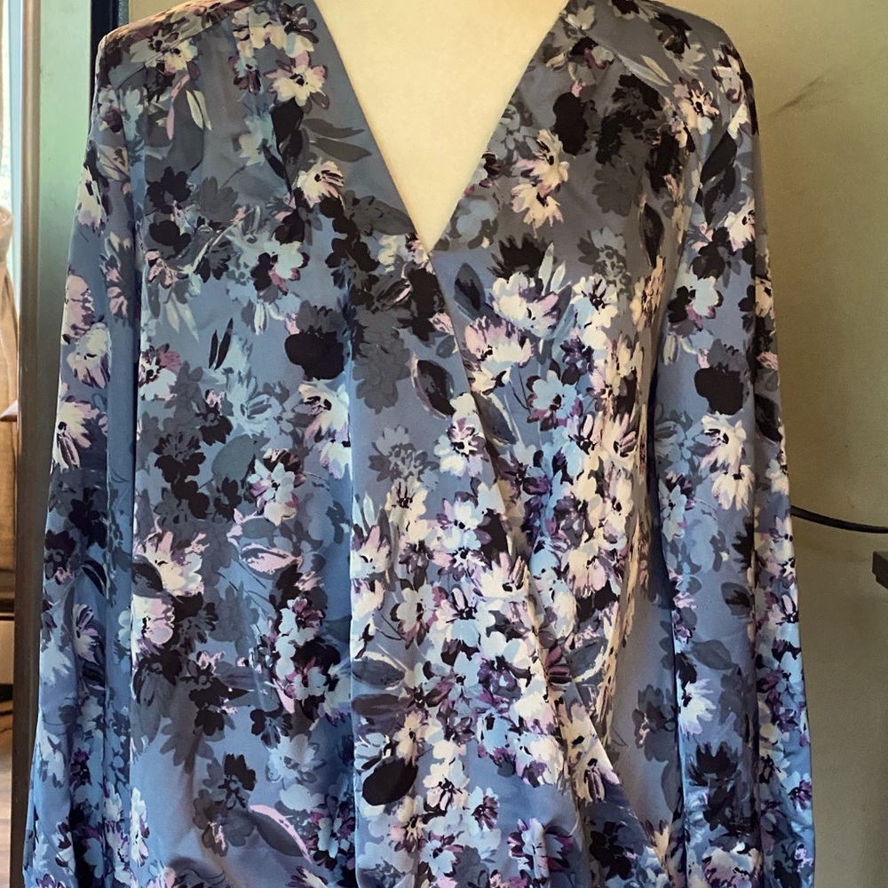 INC NWT Blue Floral Satin Surplus Wrap L/S Blouse Size Large